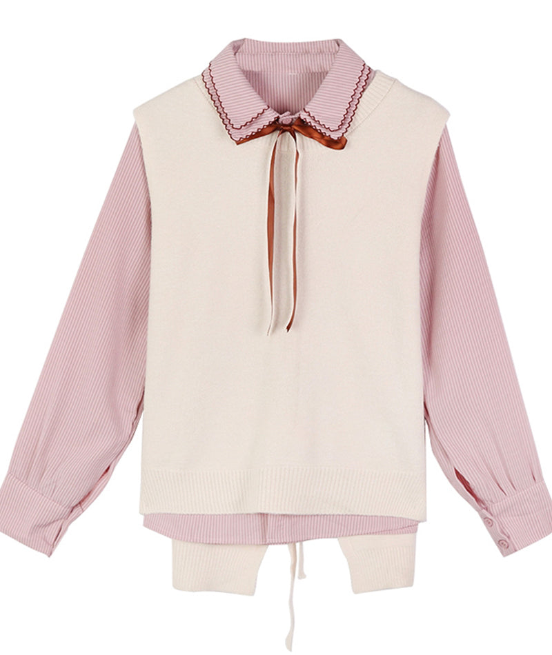 Cute sweater vest + long-sleeved striped shirt 367