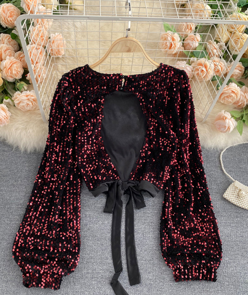Shiny long sleeve sequins tops open back tops 368