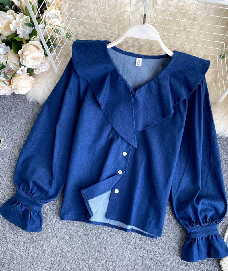 Sweet denim long-sleeved top cute blue lapel top 382