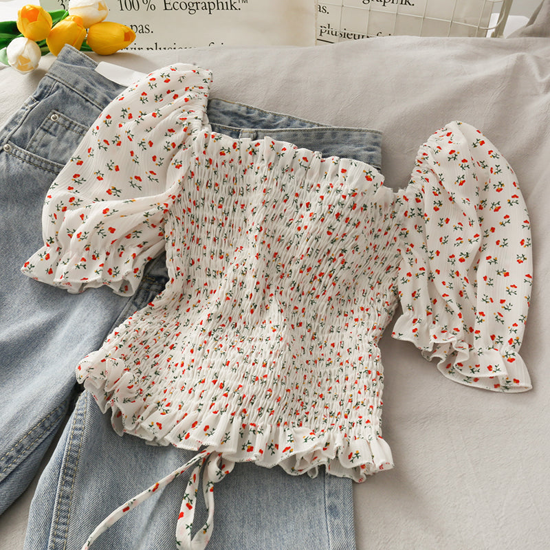 Cute floral drawstring crop top 293