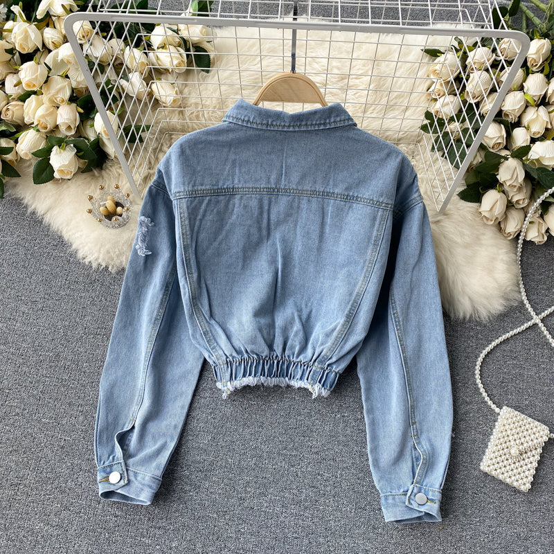Blue denim long-sleeved cropped top 246