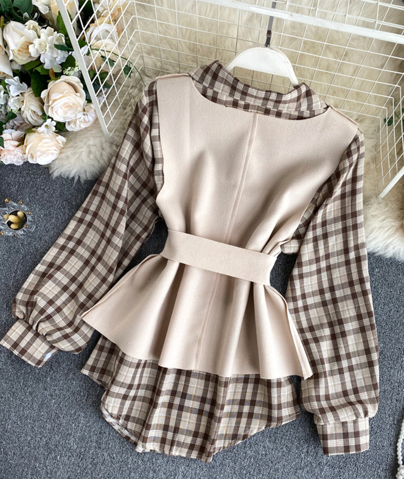 Unique plaid shirt + vest two-piece suit 384