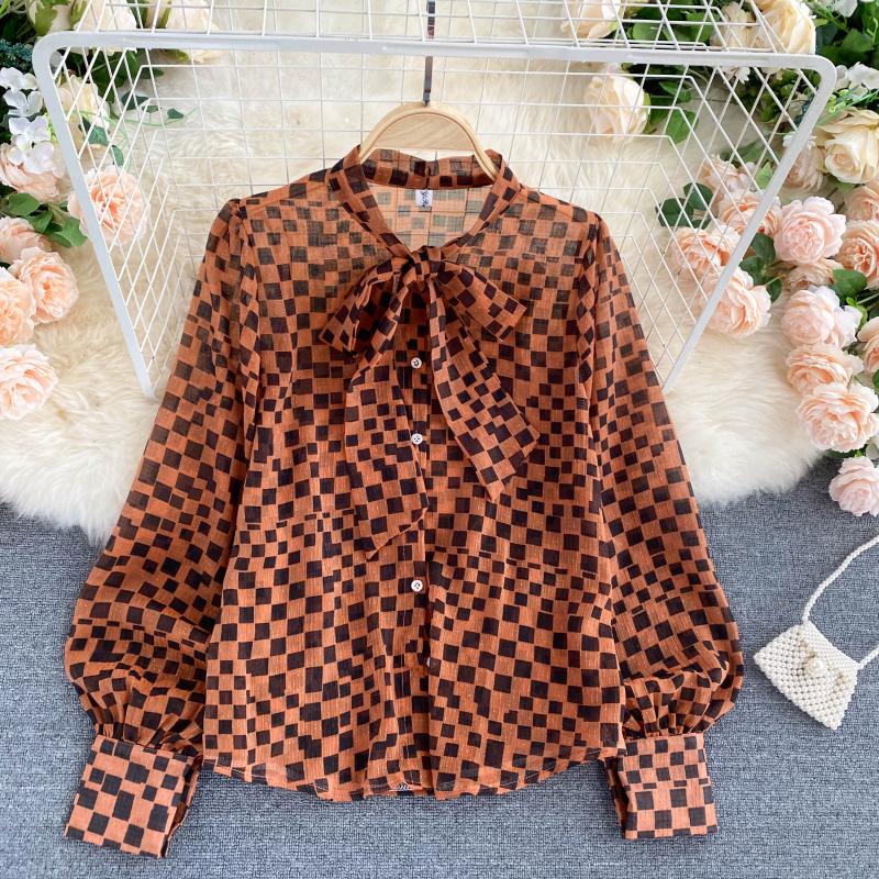 Retro bow round neck long-sleeved check chiffon shirt 316