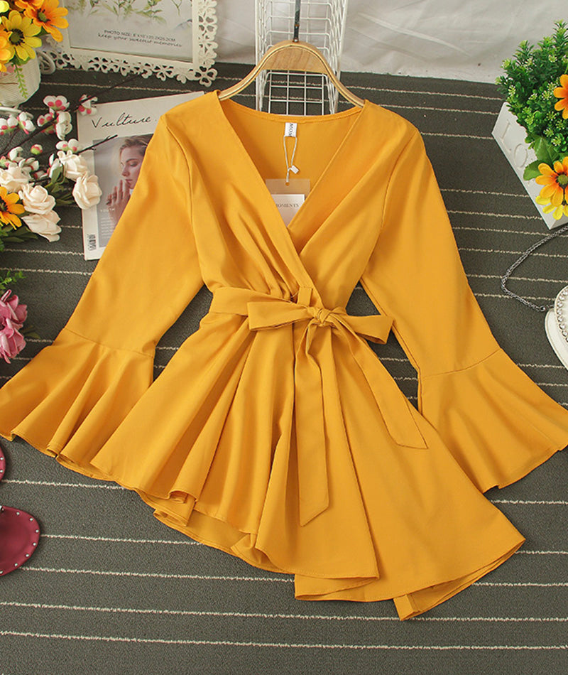 Stylish v-neck irregular top long sleeve flared top 378