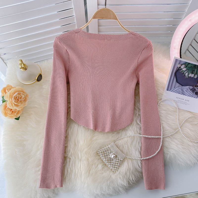 New women's long sleeve T-shirt design short top 1589