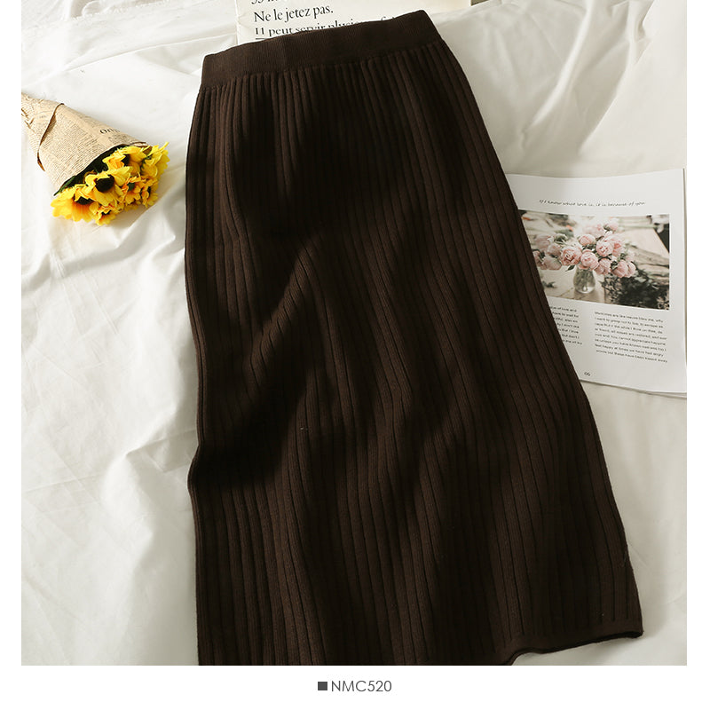 Hong Kong style retro vertical stripe elastic waist thin split one-step skirt 2519