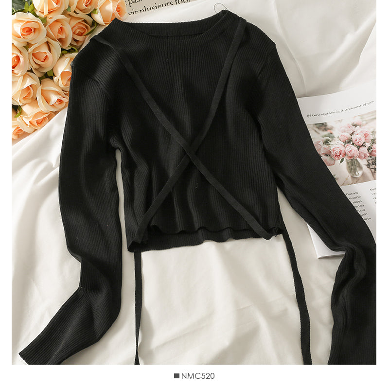 Korean bow tie tie short versatile long sleeve Pullover Top 1981