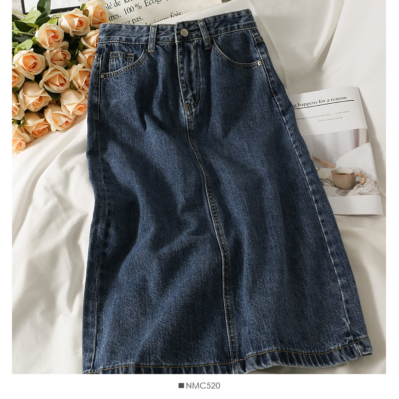 Han Fan simple and versatile solid medium length denim skirt 2534