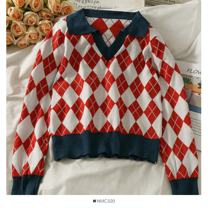 Knitwear women's autumn Lapel long sleeve versatile Pullover Top 2001