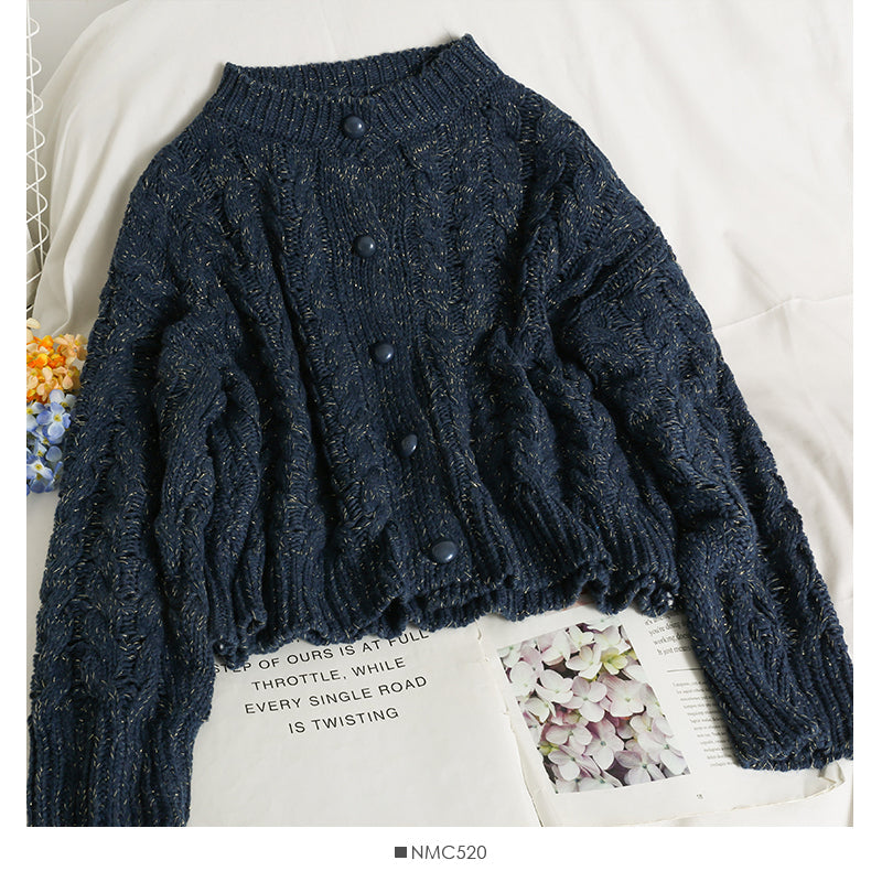 Autumn twist loose thin single breasted crew neck sweater 1924