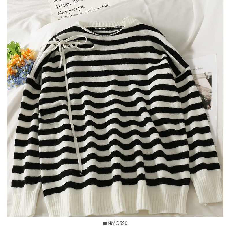 Bow tie tie stripe loose thin curled crew neck top 1941