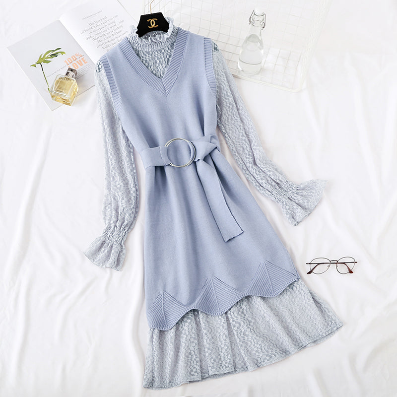 Minority LACE VEST knitted dress fashion suit two piece set female 2473