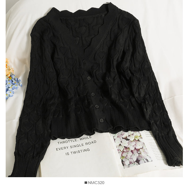 Heart shaped Plaid hollowed out wave edge long sleeve sweater for women 1759