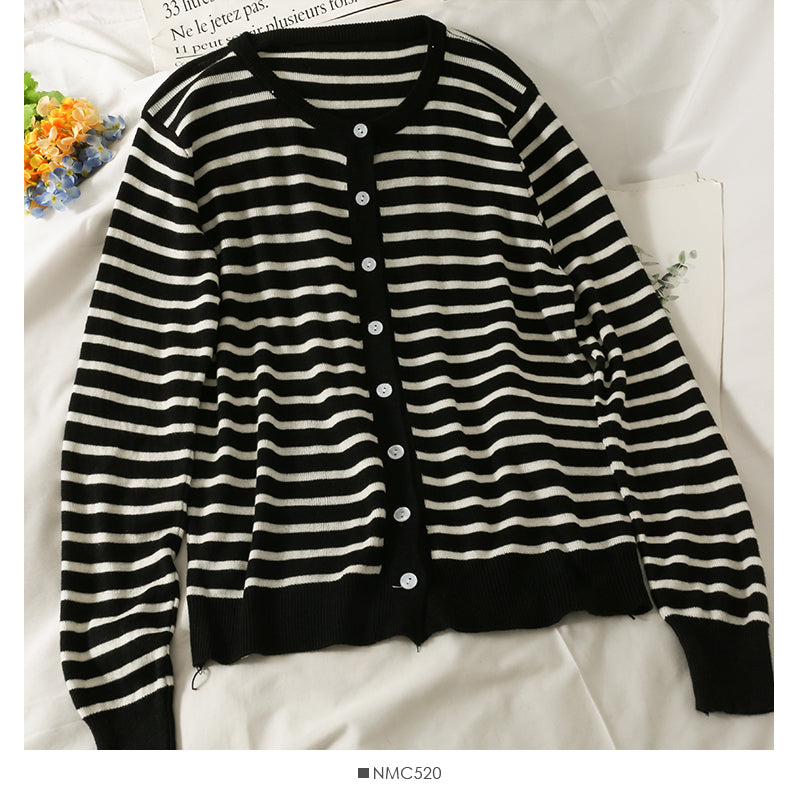 Striped single breasted loose thin sweater 1914