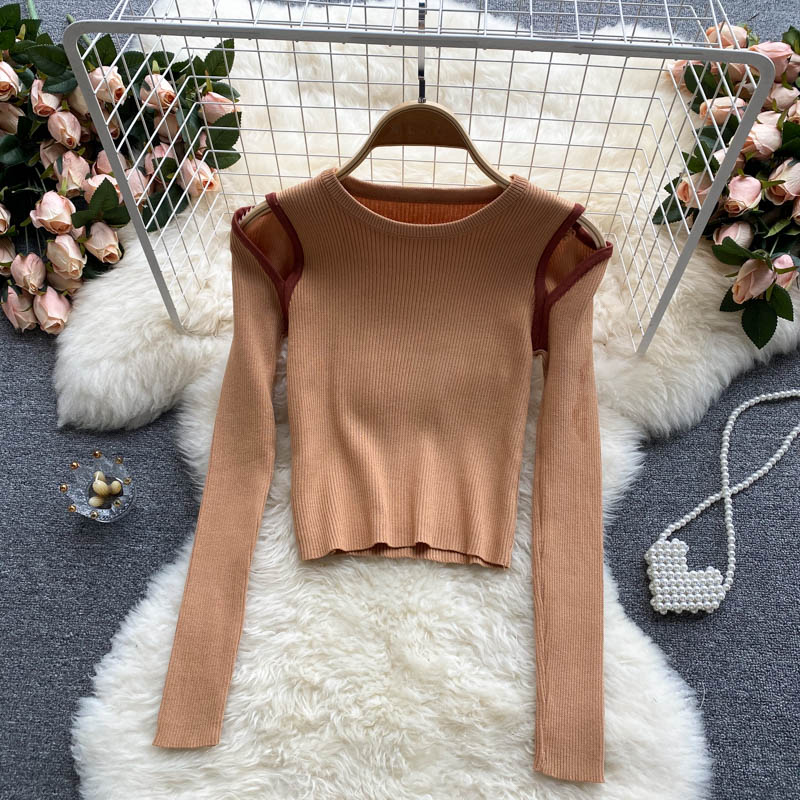 Knitted Blouse women's niche design hollow out color matching long sleeves 1588