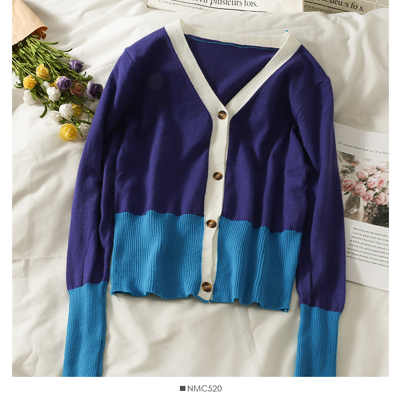 New contrast stitching V-neck single breasted long sleeved women's T-shirt 1890