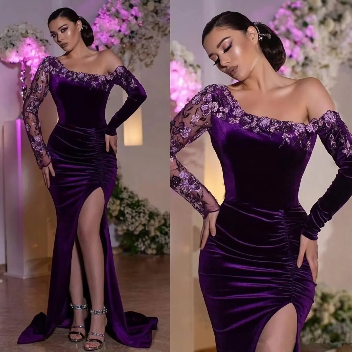 Purple Elegant Velvet One-Shoulder Lace Side-Slit Mermaid Long Bridesmaid Dress Prom Dress fg3851