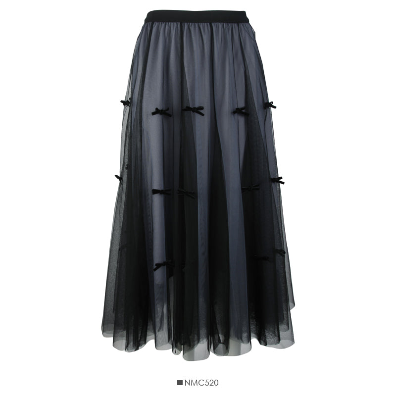 Bow decorative gradient high waist medium length yarn skirt women 2510