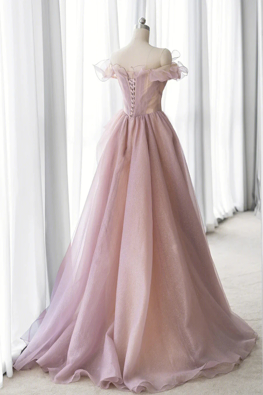 Pink Tulle Long A-line Prom Dress, Lovely Off the Shoulder Evening Dress fg4311