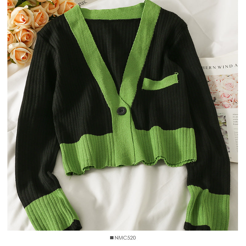 Han Fan contrast color stitched one button long sleeve sweater for women 1949