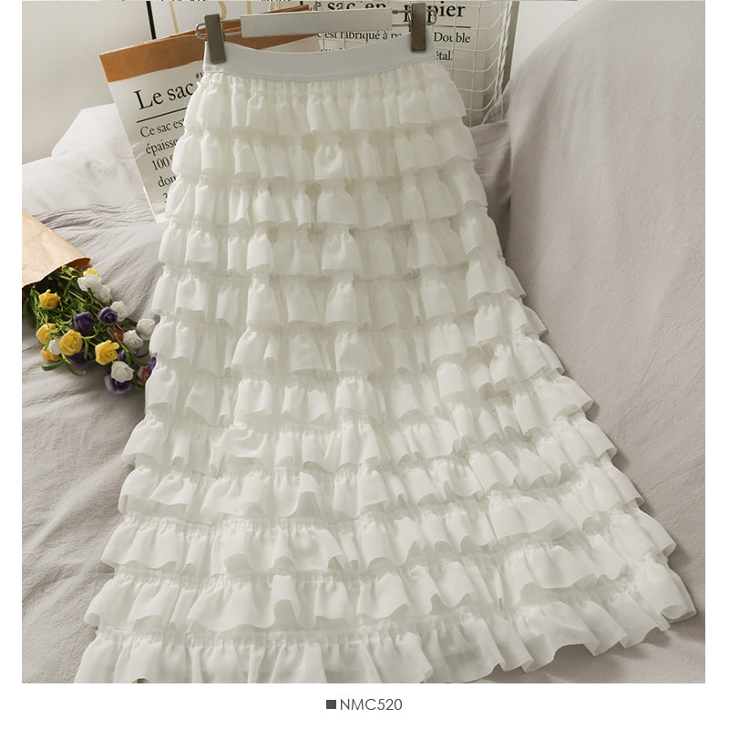 Ruffle edge super fairy medium long high waist cake skirt 2483