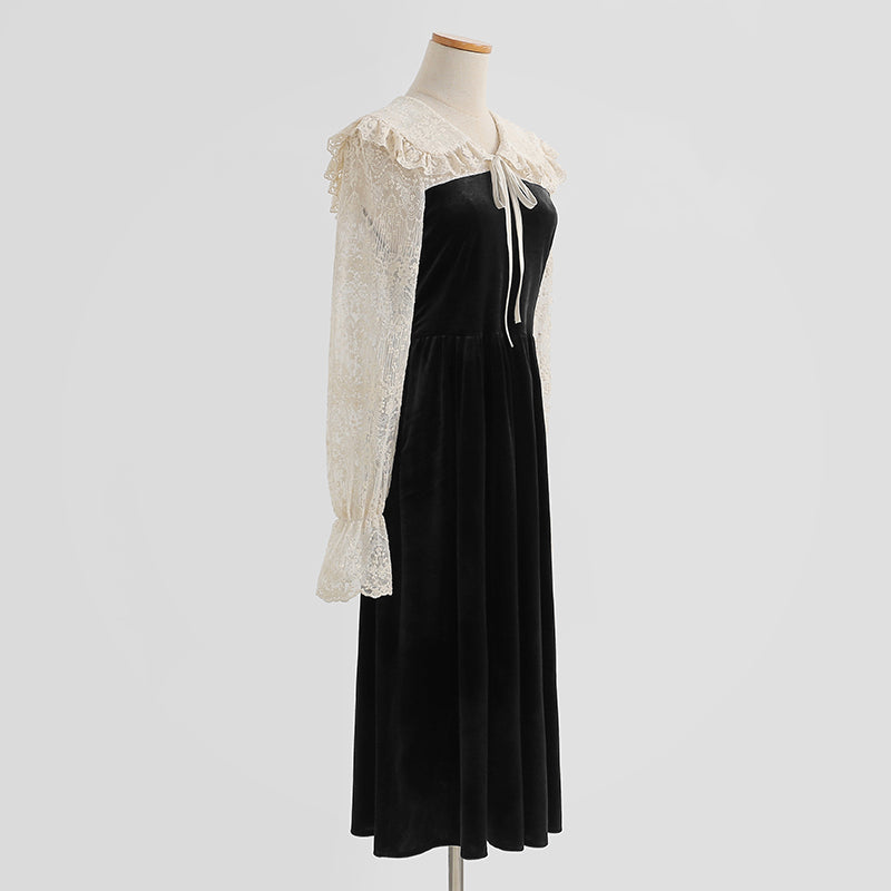 Fake two piece lace skirt stitching velvet dress method 2282