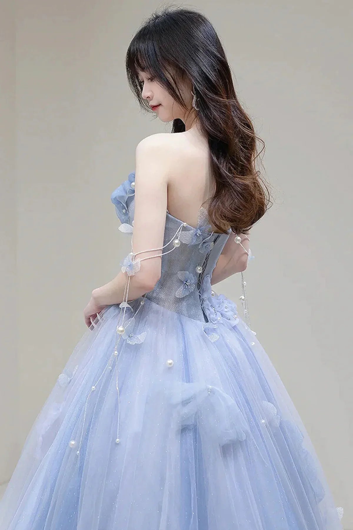 A Line Blue Tulle Long Prom Dress, Strapless Long Blue Beaded Tulle Formal Evening Dresses fg4442