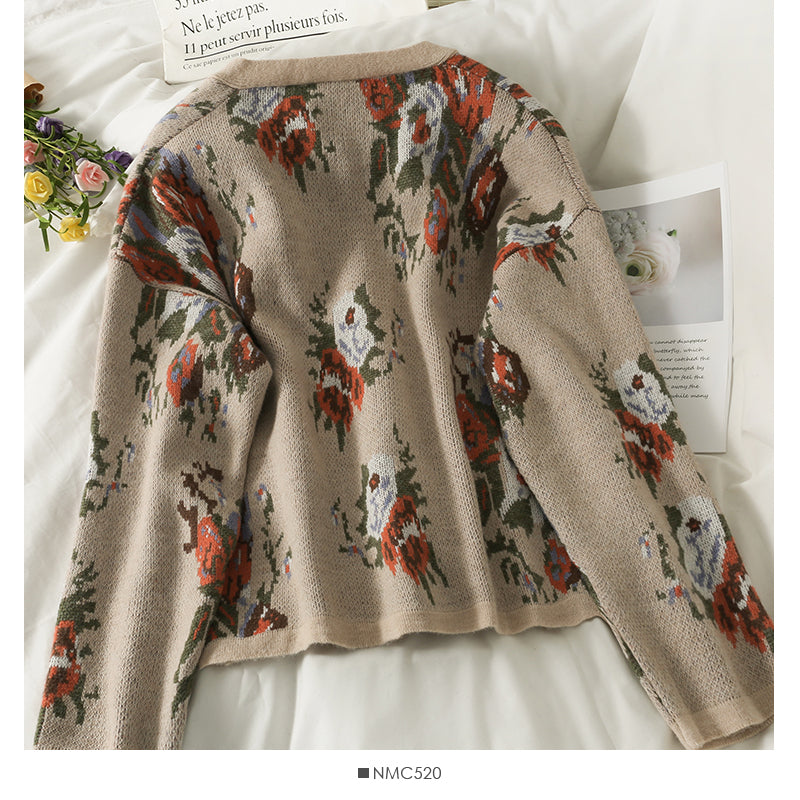 Hong Kong Vintage printed low neck long sleeve cardigan top women's 1994