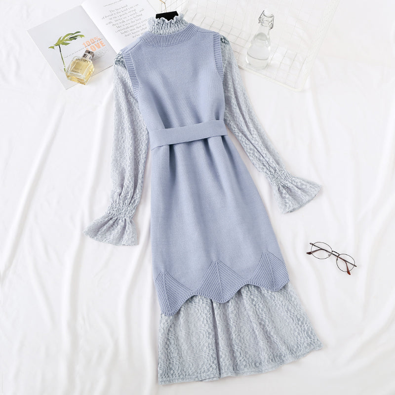 Minority LACE VEST knitted dress fashion suit two piece set female 2473