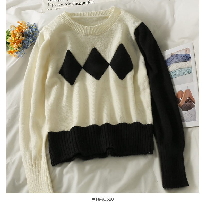 Contrast stitching crew neck slim knit women's plaid sweater 1998