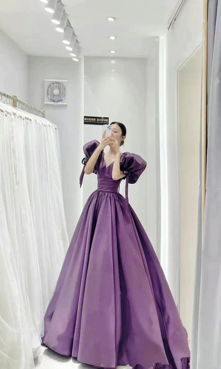 Satin Purple Puffy Sleeves Corset Prom Dress Pageant Party Dress Gala Sweet 16 Quinceanera Gown fg4140