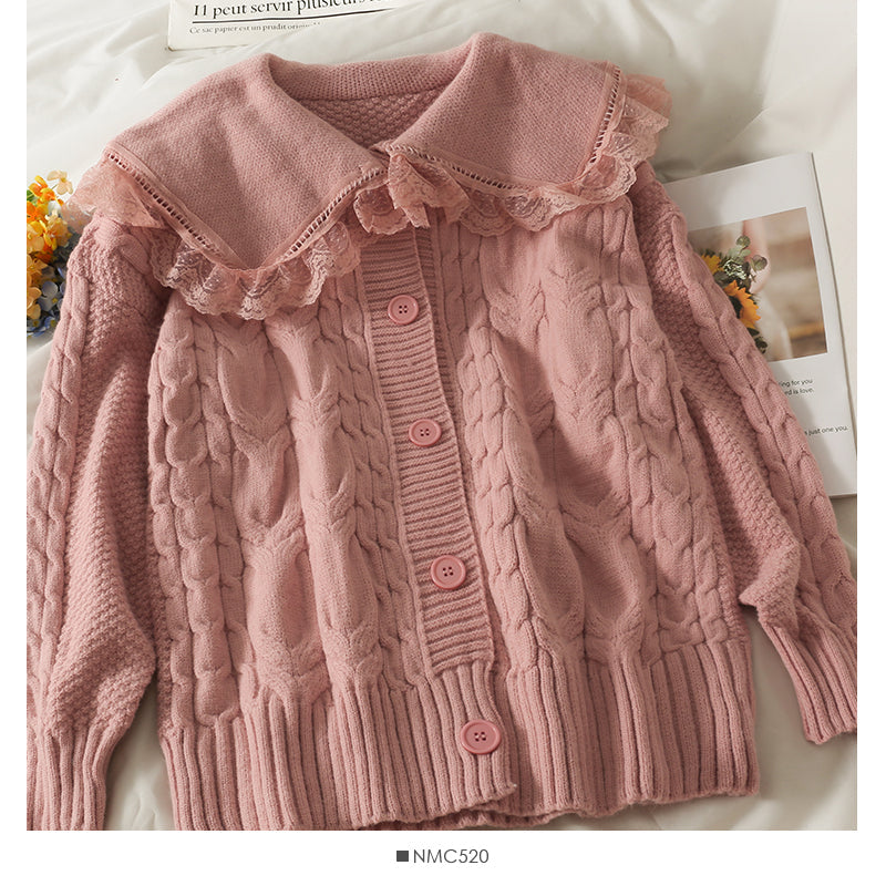 Sweet wind lace stitched wooden ear edge baby collar sweater 1900