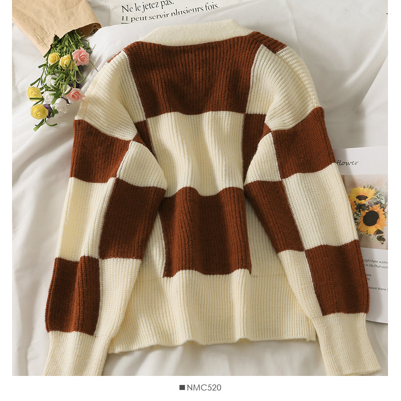 Sweater women's contrast stitched Plaid single breasted 1847