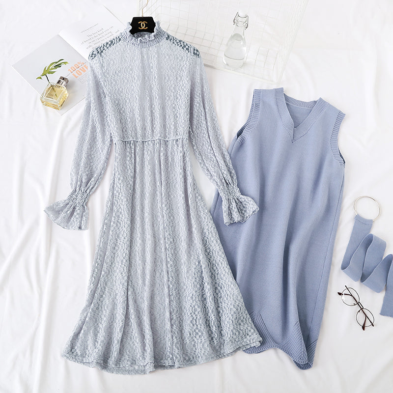 Minority LACE VEST knitted dress fashion suit two piece set female 2473
