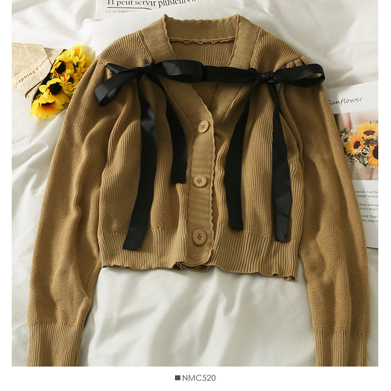 Korean bow tie short single breasted sweater for women 1945