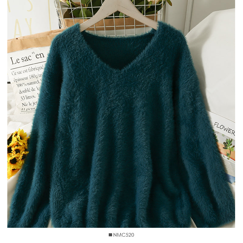 Plush loose slim V-Neck long sleeve sweater women's solid color versati 1964