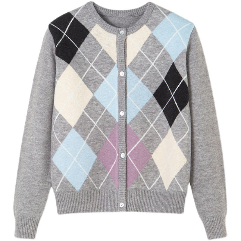 Gentle, vintage, round-neck plaid cardigan 1434