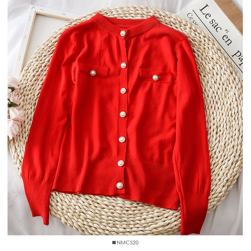Round neck single row pearl button cardigan sweater coat 1865