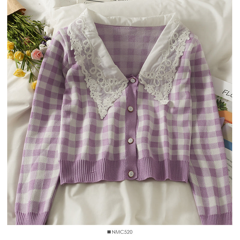 Contrast Lace Panel Lapel short slim cardigan 1864