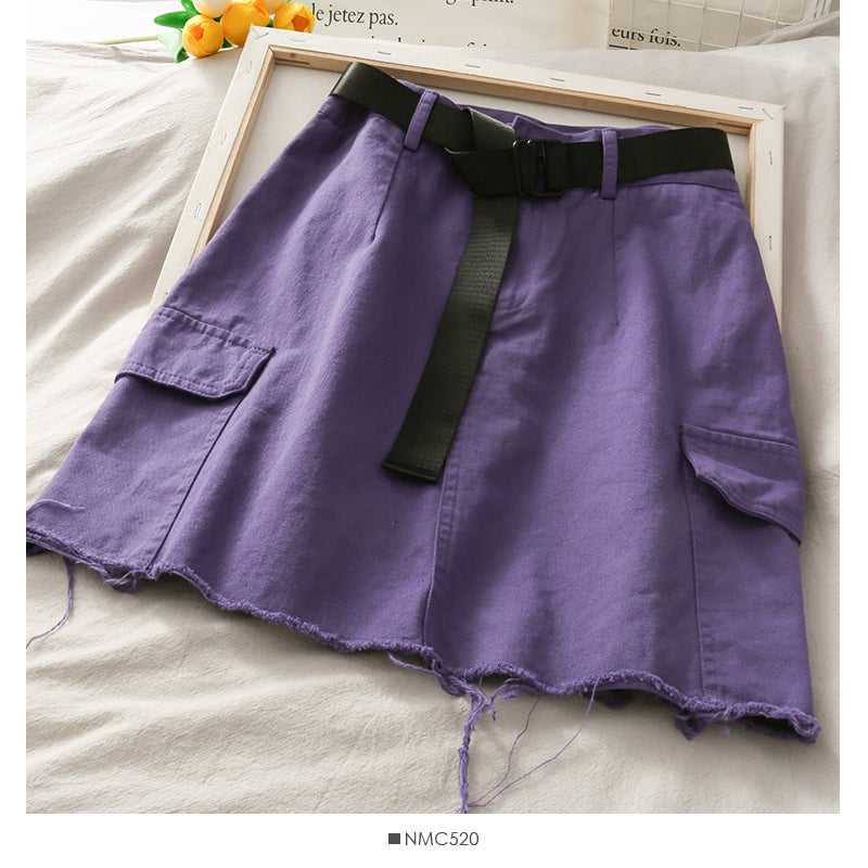 Versatile personalized large pocket skirt with rough edge 2652