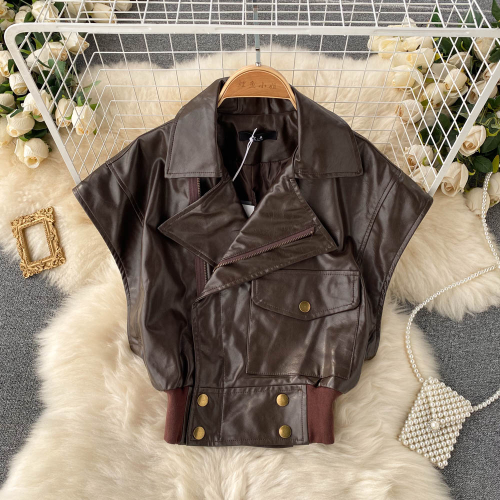 Lapel short motorcycle leather jacket waistcoat 1532