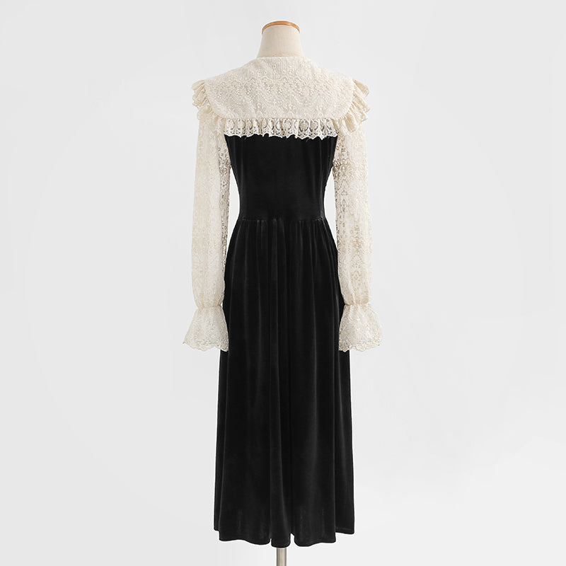 Fake two piece lace skirt stitching velvet dress method 2282