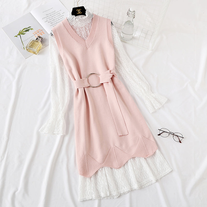 Minority LACE VEST knitted dress fashion suit two piece set female 2473