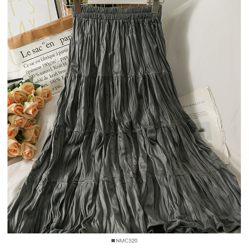 Pleated stitched A-line skirt women's new solid medium length skirt 2506