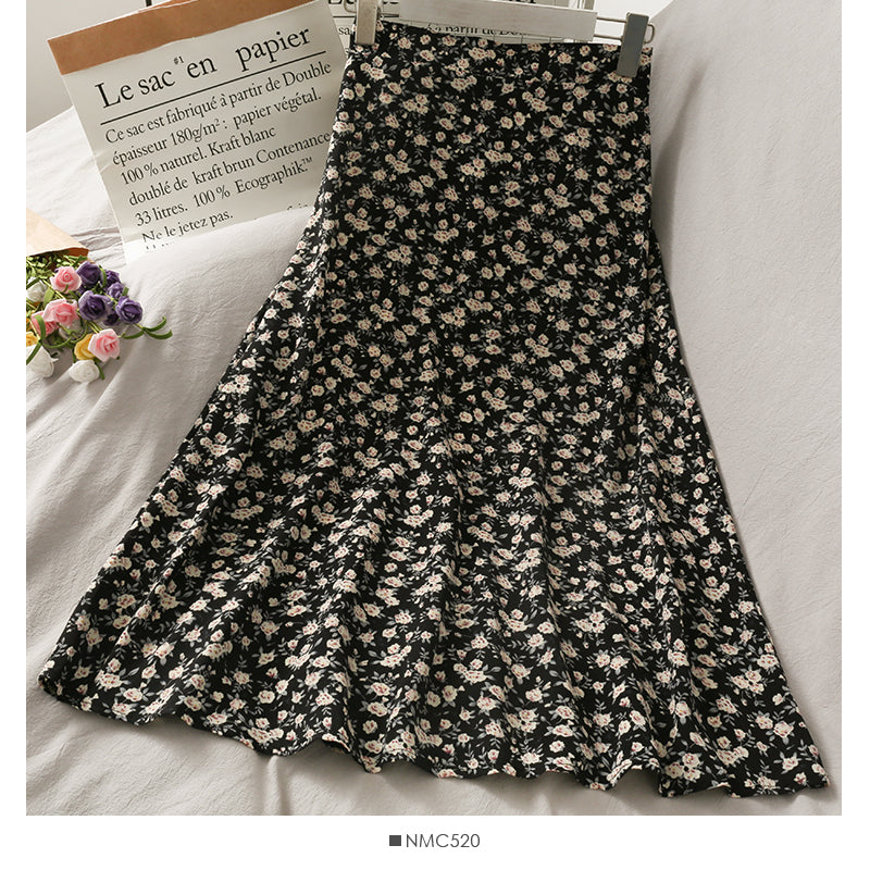 Versatile high waist thin floral skirt 2509