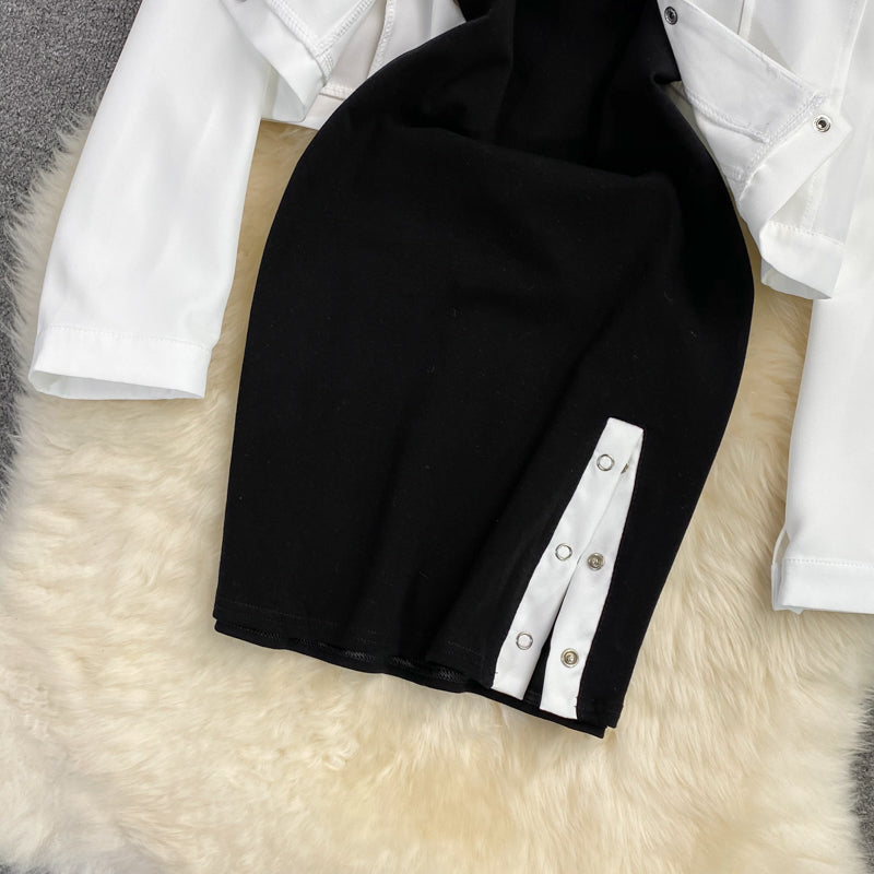 Black split vest skirt dress two piece set 2855