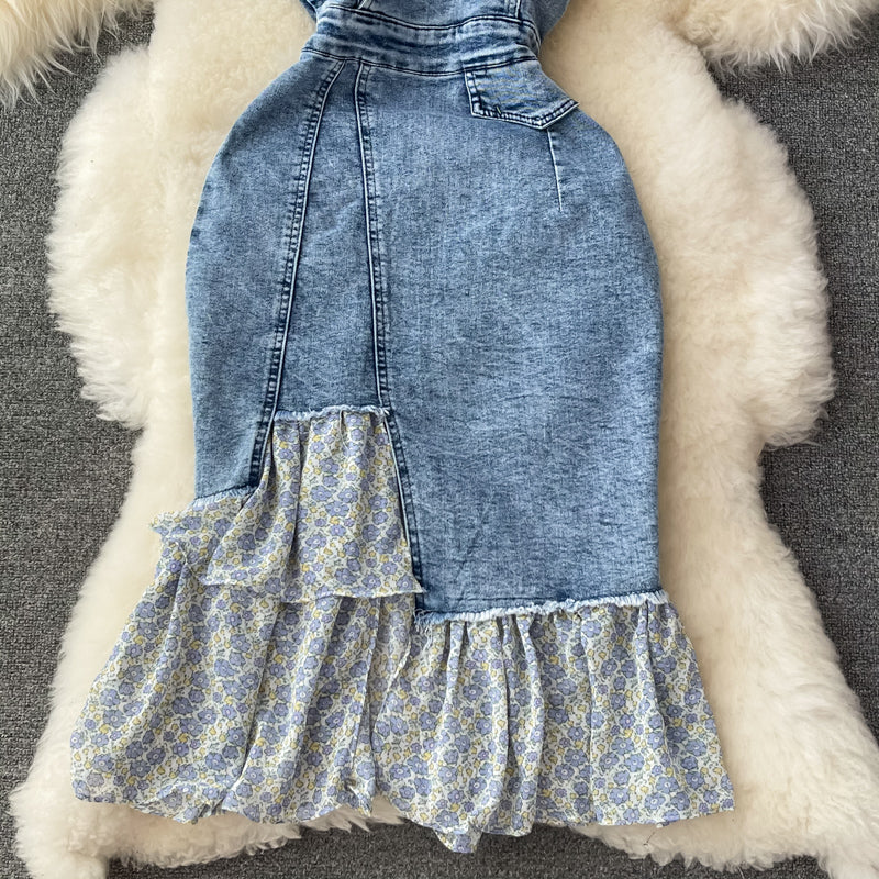 Irregular ruffled fishtail strap skirt denim dress two piece set 3064