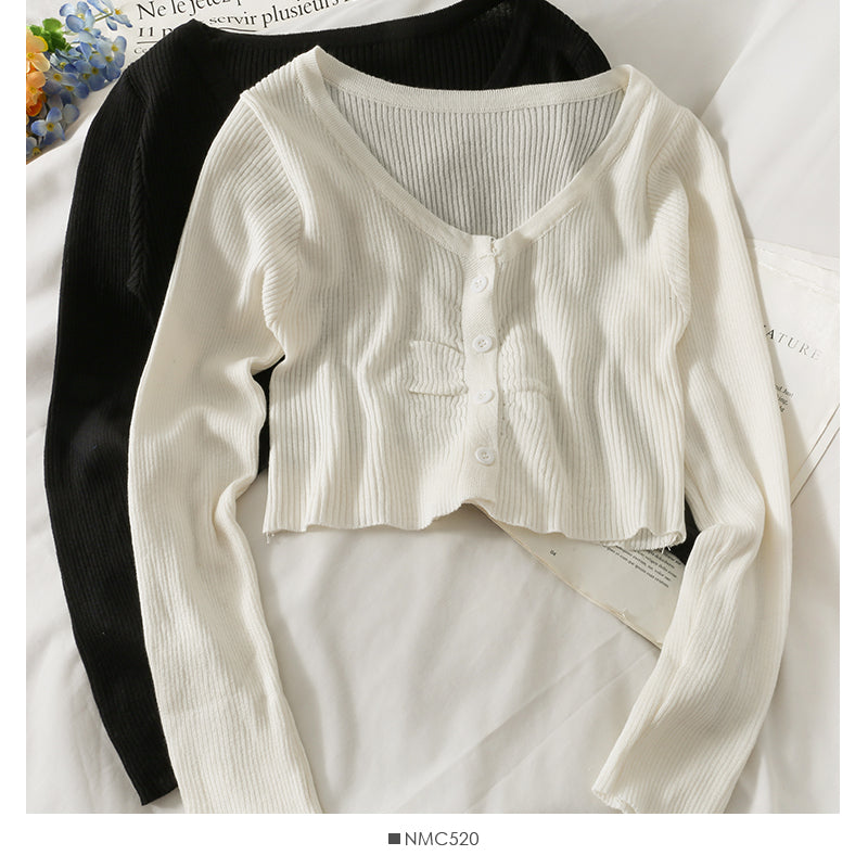 Long sleeve single breasted top women's new short versatile slim knit 1973