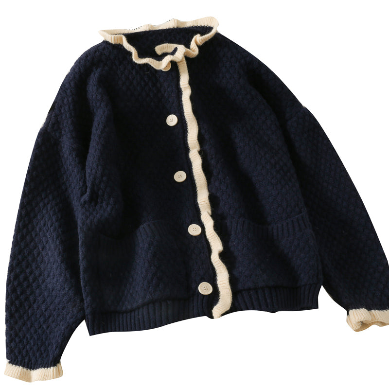 Hong Kong style retro color matching agaric edge single breasted cardigan sweater 1707