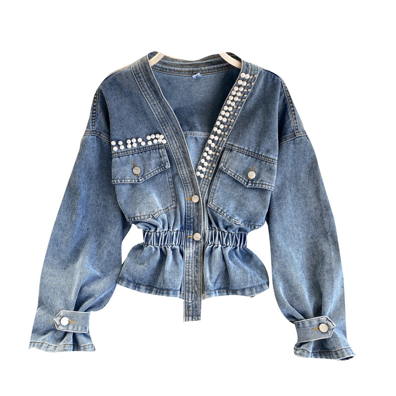 Denim Jacket Women's design sense heavy industry nail bead V-neck slim fit 1489